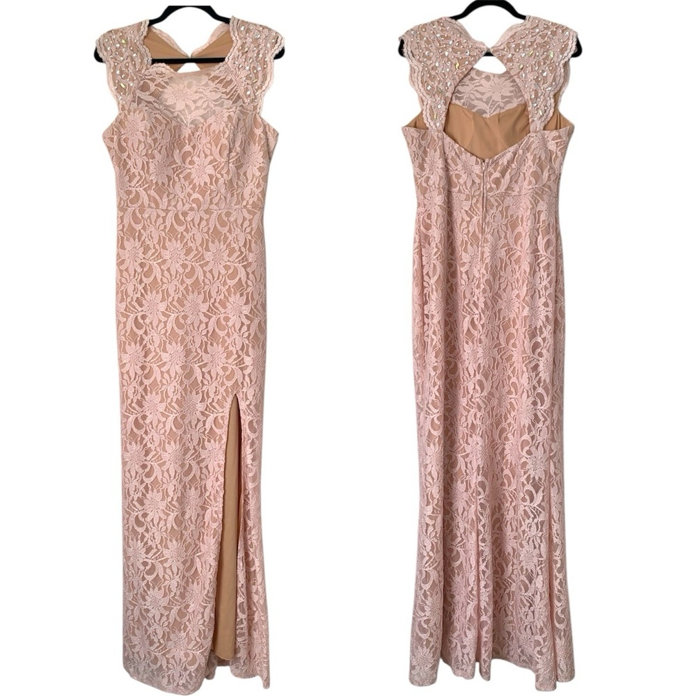 City Triangles Lace Gown Women 13 Pink Beaded Illusion Slit Prom Formal Romantic - Picture 2 of 12